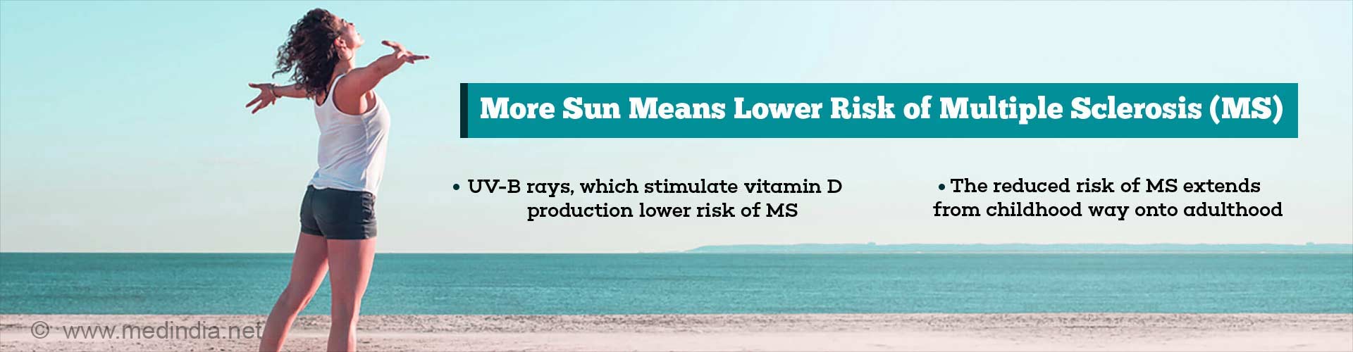 more sun means lower risk of multiple sclerosis (ms)
- UV-B rays, which stimulate vitamin D production lower risk of MS
- the reduced risk of MS extends from childhood way onto adulthood