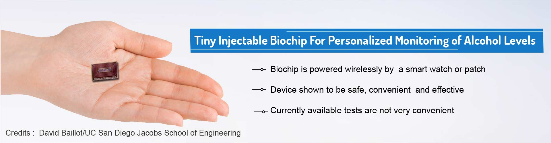 Tiny Injectable Biochip for Personalized Monitoring of Alcohol Levels
- Biochip is powered wirelessly by a smart watch or patch
- device shown to be safe, convenient and effective
- currently available tests are not very convenient