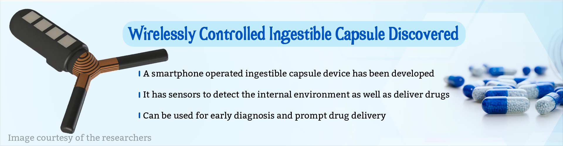Wirelessly controlled ingestible capsule discovered. A smartphone operated ingestible capsule device has been developed. It has sensors to detect the internal environment as well as deliver drugs. Can be used for early diagnosis and prompt drug delivery.