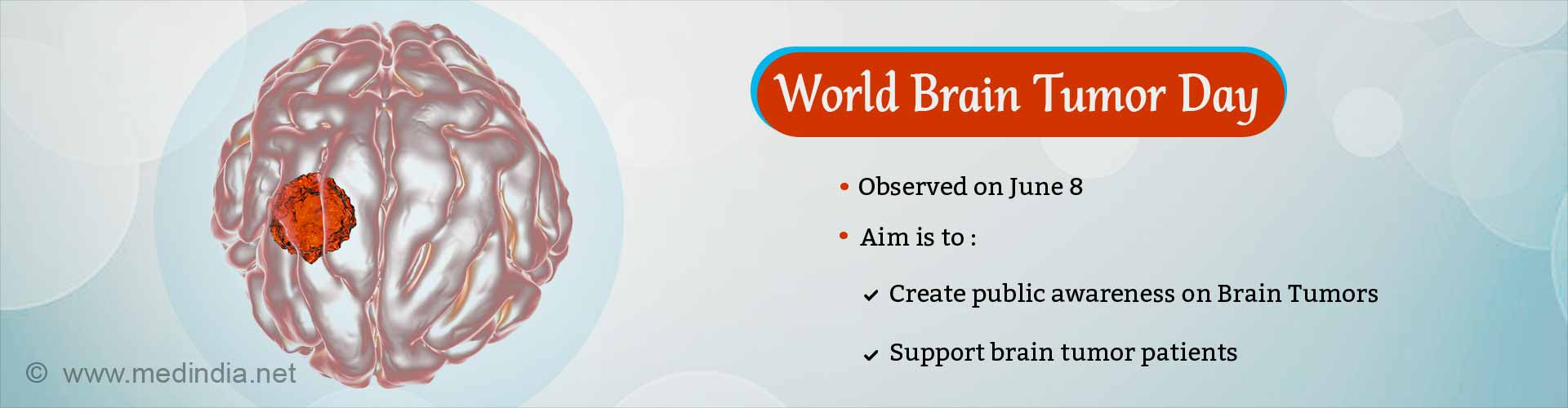 World Brain Tumor Day. Observed on June 8. Aim is to: Create public awareness on brain tumors. Support brain tumor patients.